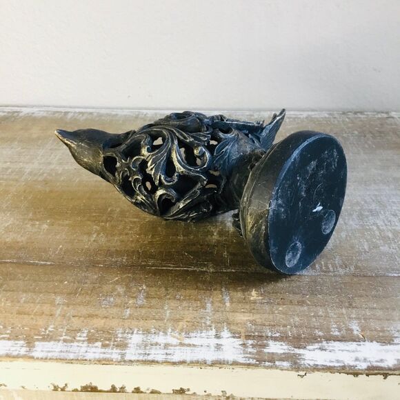 Brown and gold bird with hollow body with scrolls on a round base figurine decor - Picture 6 of 6